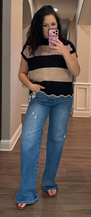 Black/Taupe Stripe Oversized Sweater Vest Top w/ Scalloped Hem