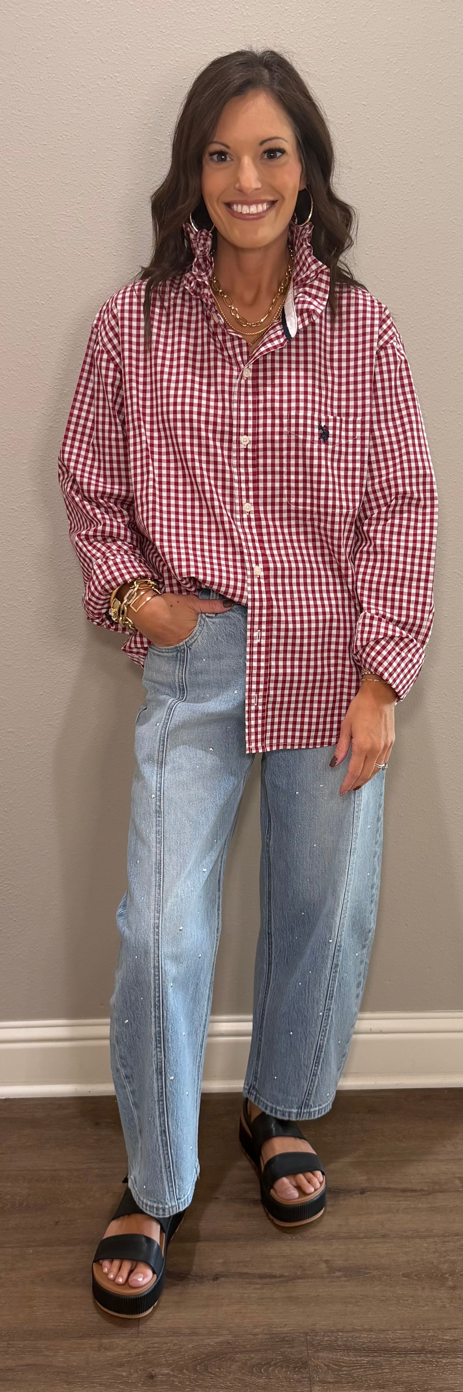 Red/White POLO Plaid Ruffle Neck Button Down