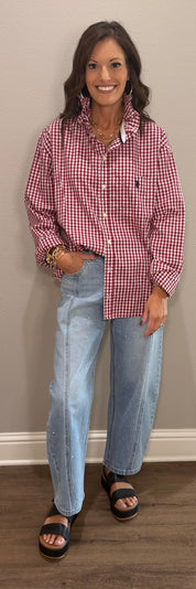 Red/White POLO Plaid Ruffle Neck Button Down