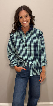 Mint/Navy Plaid Ruffle Collar Top