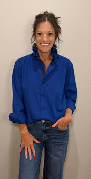Blue Ruffle Collar Button Down Top