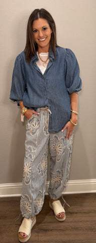 Denim Blue Embroidered Pants with Stripe Detailing