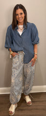 Denim Blue Embroidered Pants with Stripe Detailing