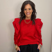 Red Knit Lightweight Sweater Top w/ Ruffle Detailing