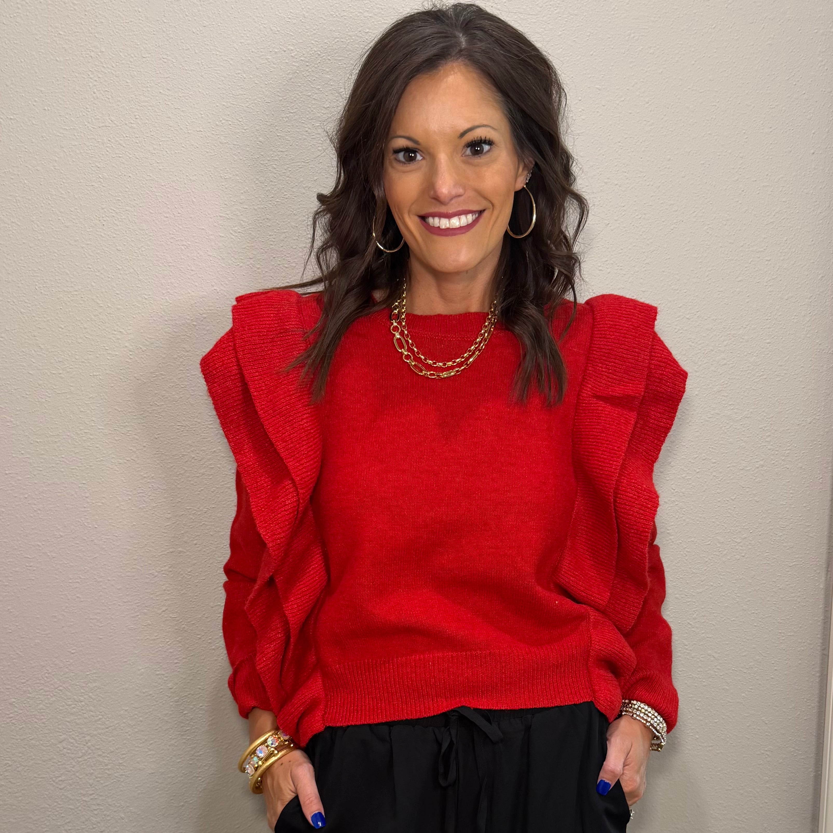 Red Knit Lightweight Sweater Top w/ Ruffle Detailing