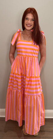 Pink & Orange Striped Adjustable Tie Midi Dress