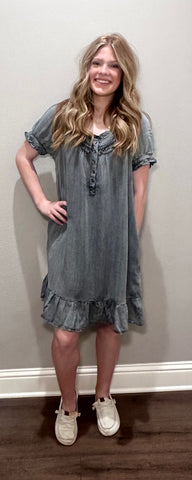 Black Washed Denim Ruffled Dress
