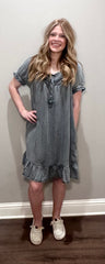 Black Washed Denim Ruffled Dress