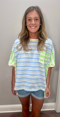 Blue/Lime Striped Pocket Tee