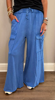Blue Mineral Washed Wide Leg Terry Cargo Pants