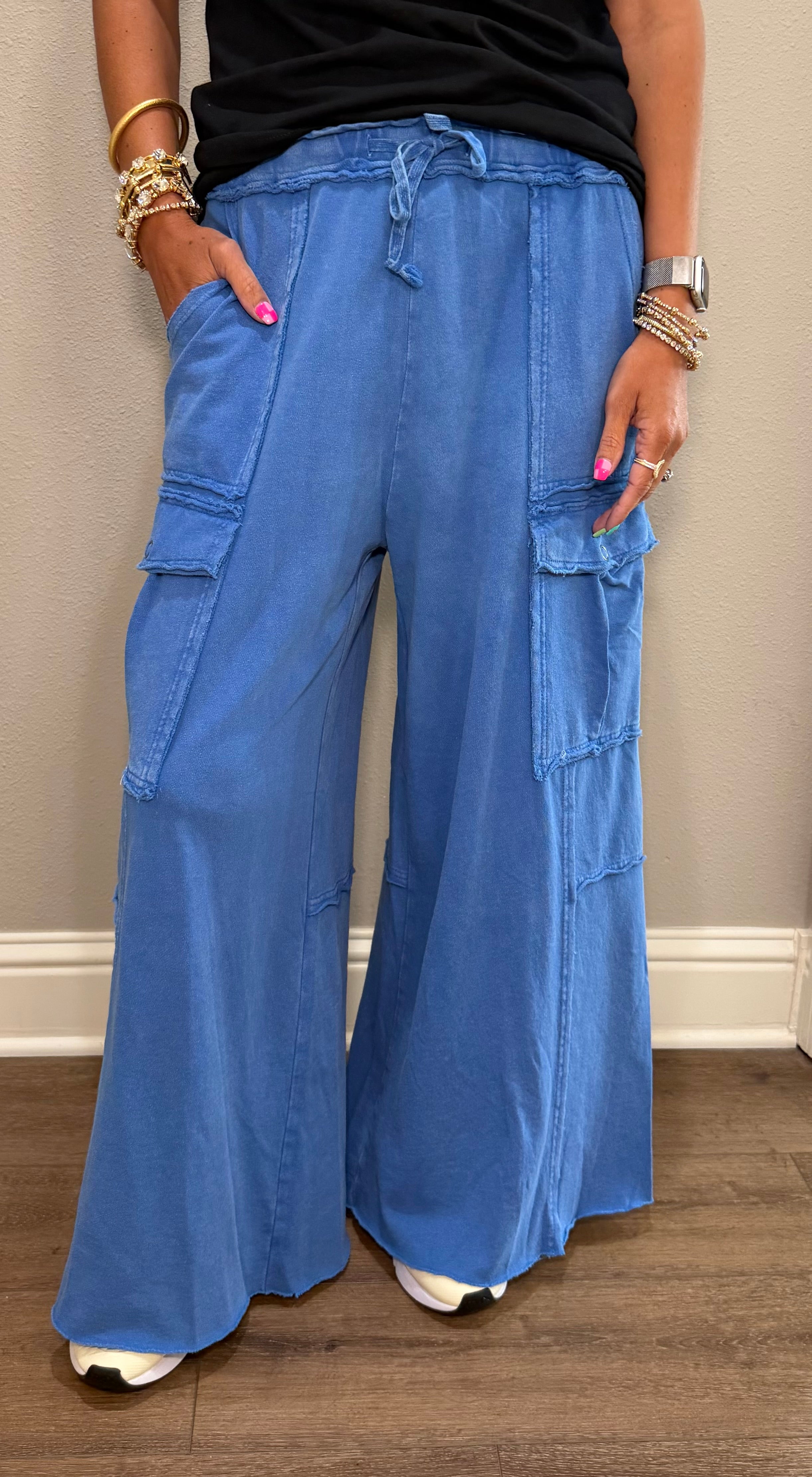 Blue Mineral Washed Wide Leg Terry Cargo Pants