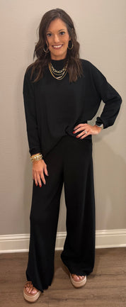 Black Ribbed Long Sleeve Viscose Pant SET