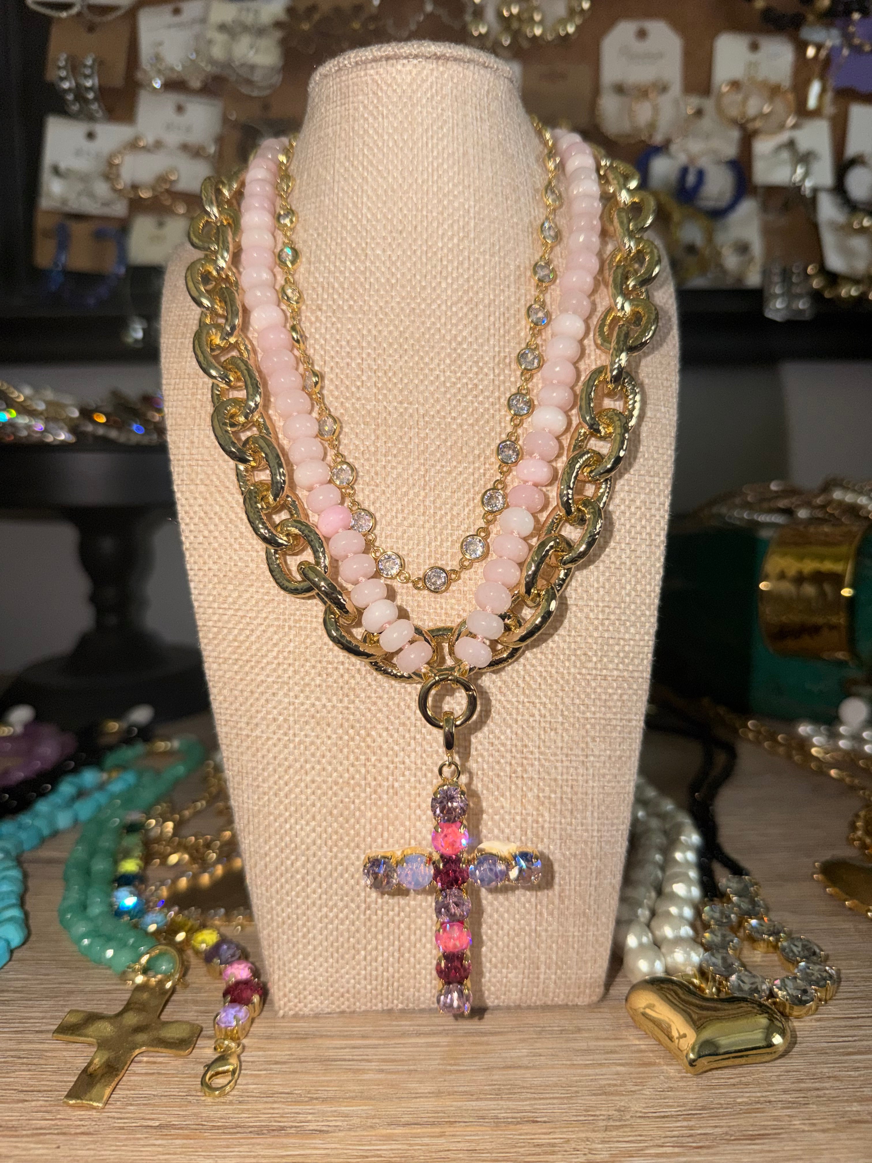 Pink Cross Necklace Stack