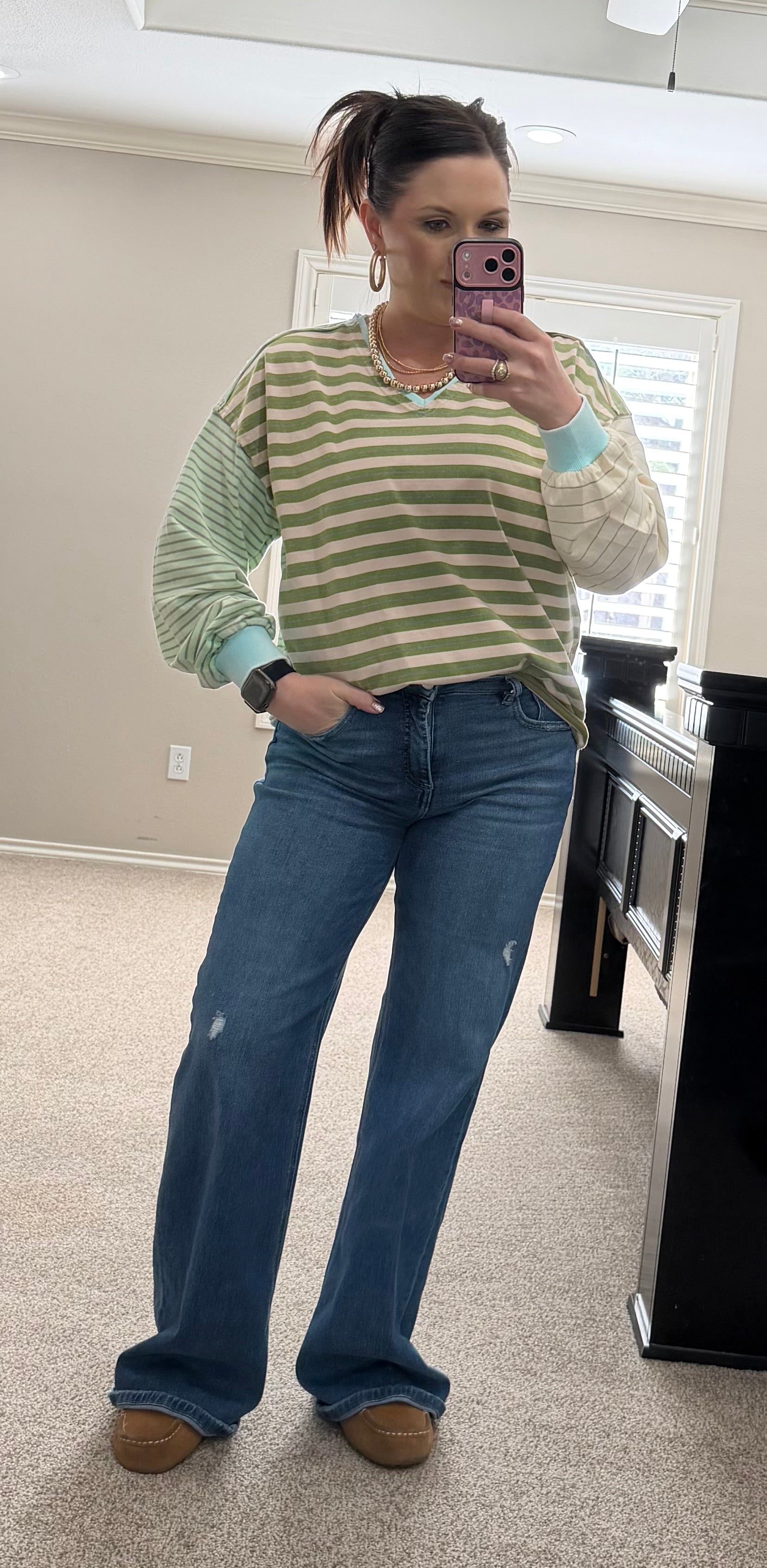 Mixed Sage Green Stripe French Terry Pullover