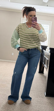 Mixed Sage Green Stripe French Terry Pullover