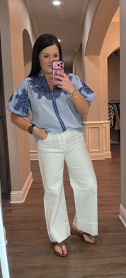 THML Blue & White Striped Top w/ Embroidered Details