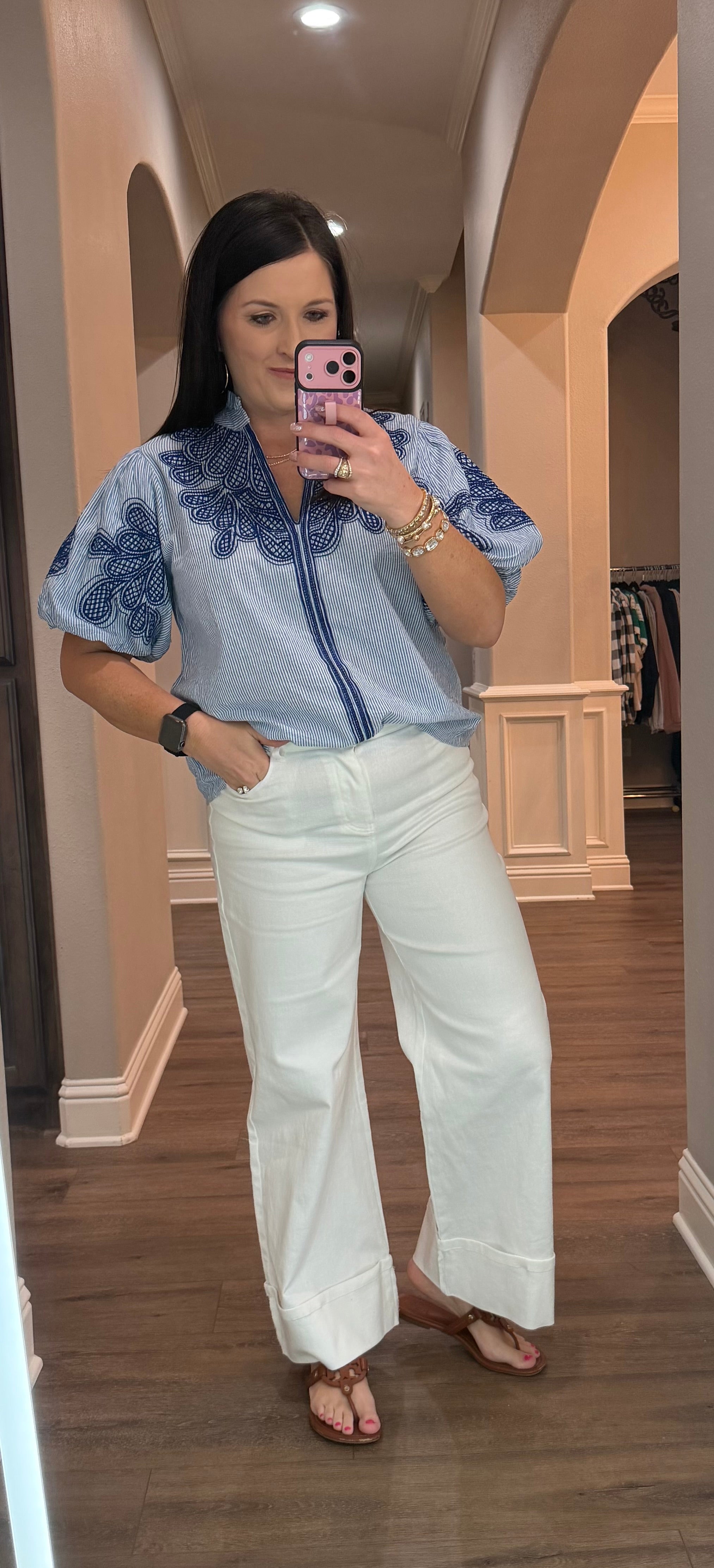 THML Blue & White Striped Top w/ Embroidered Details