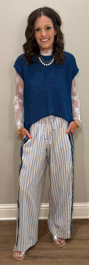 Light Blue/Navy Striped Elastic Waist Pant w/ Lace Trim Details