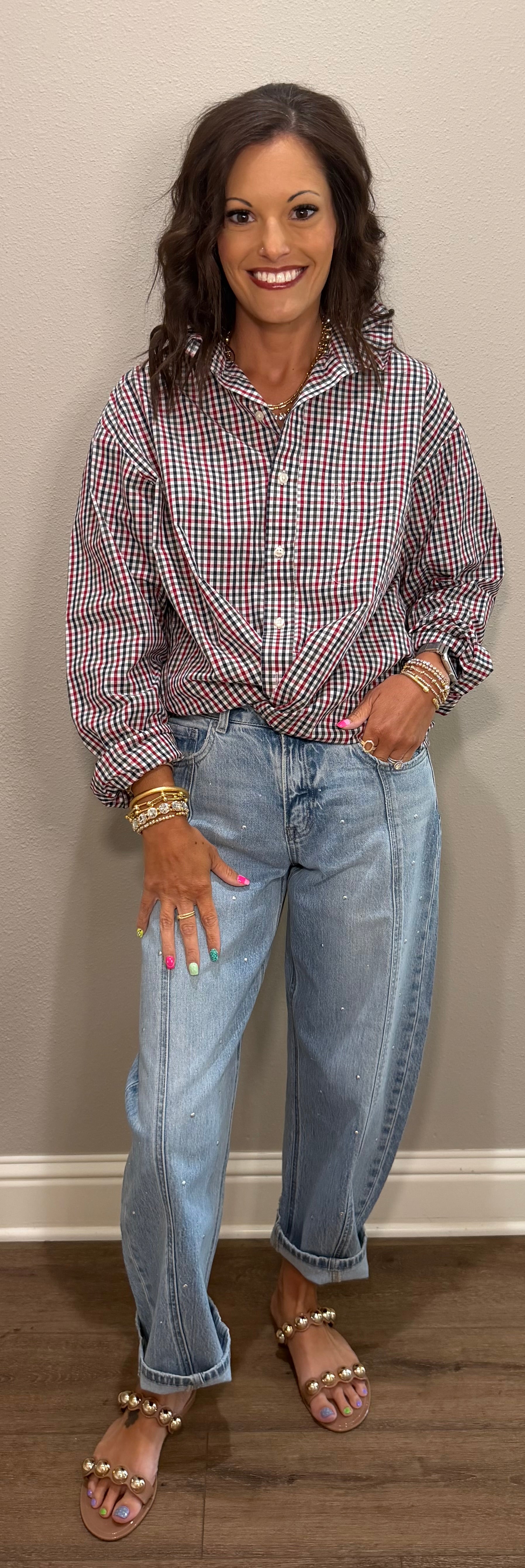 Red Multi Plaid Ruffle Collar Top