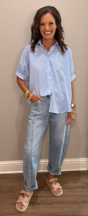 Blue & White Oversized Short Sleeve Button Down Shirt