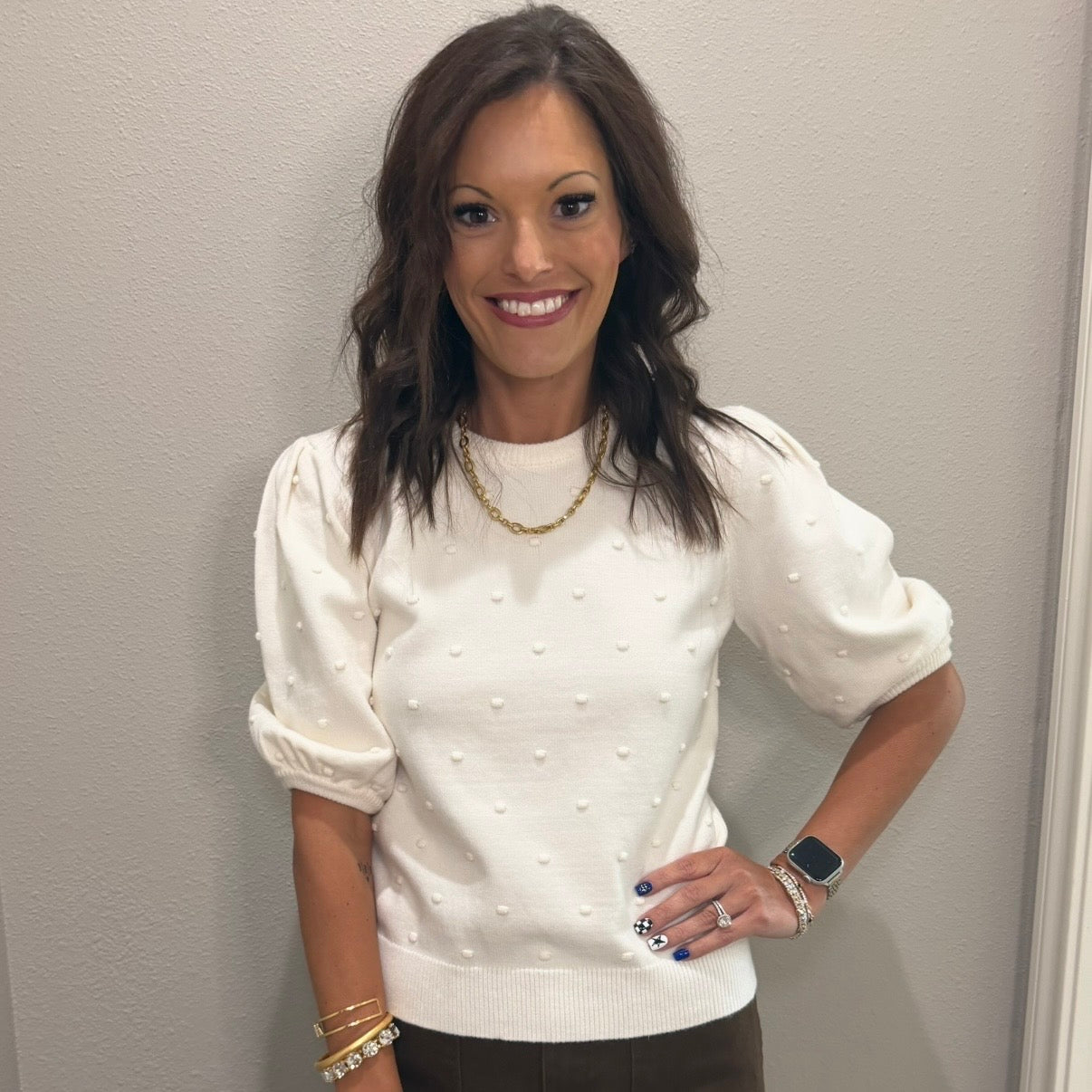Ivory PomPom Knitted Short Sleeve Sweater
