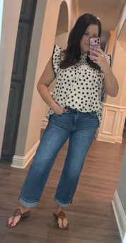 Cream & Black Polka Dotted Smock Ruffle Tank Top