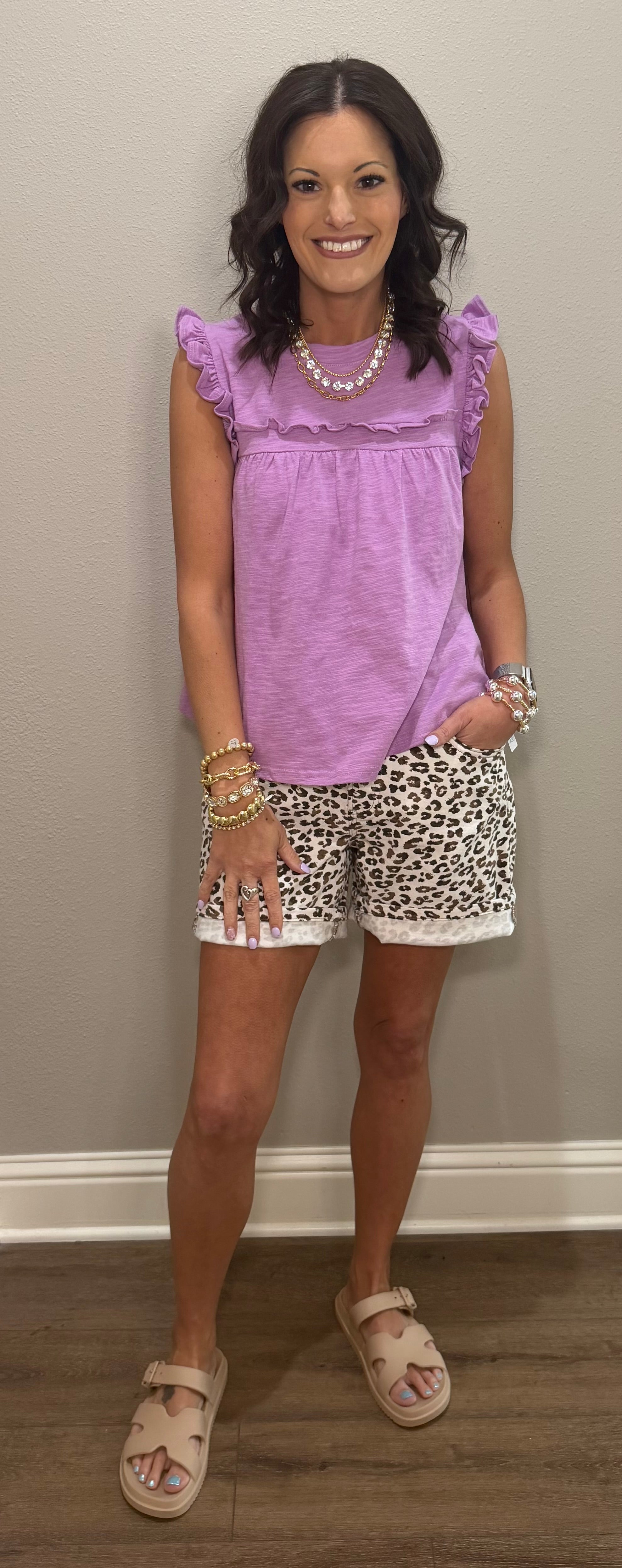 Ruffle Detail Solid Knit Tank Top - GREEN & LAVENDER