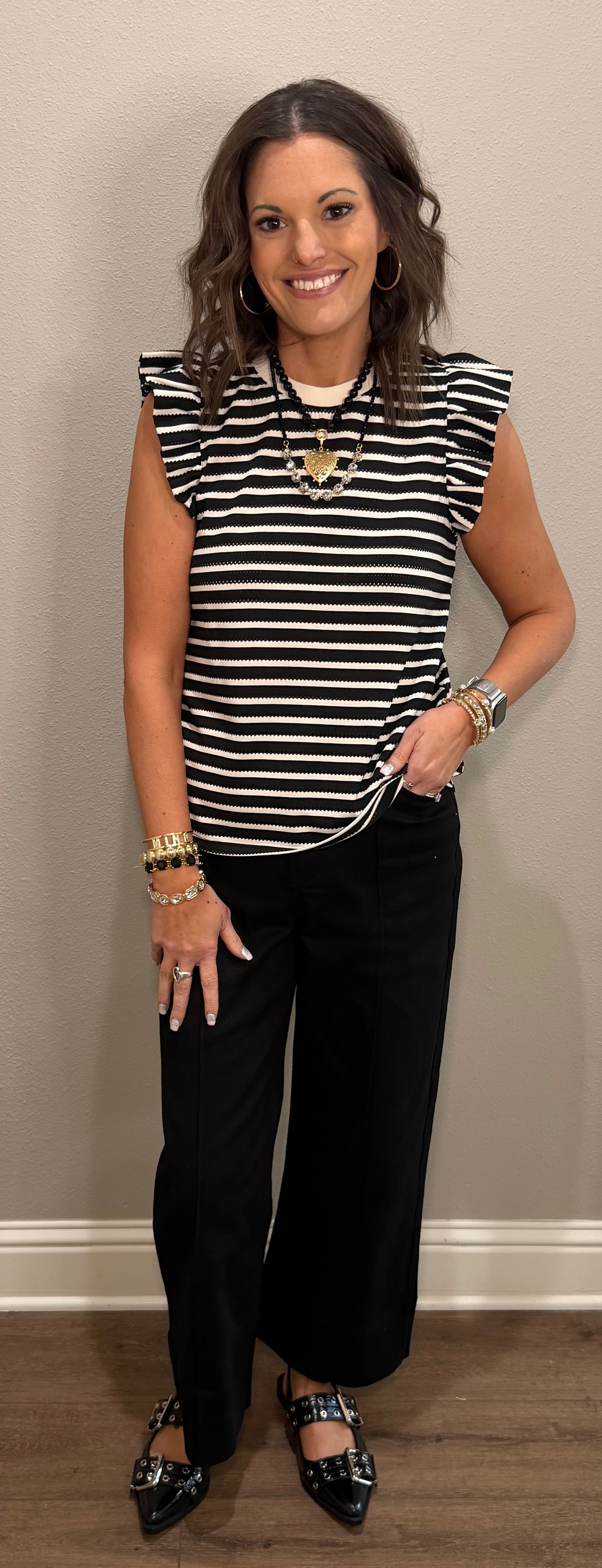 Black & White Striped Ruffle Sleeve Tank