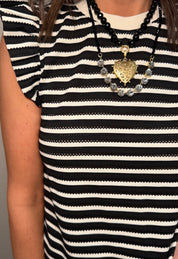 Black & White Striped Ruffle Sleeve Tank