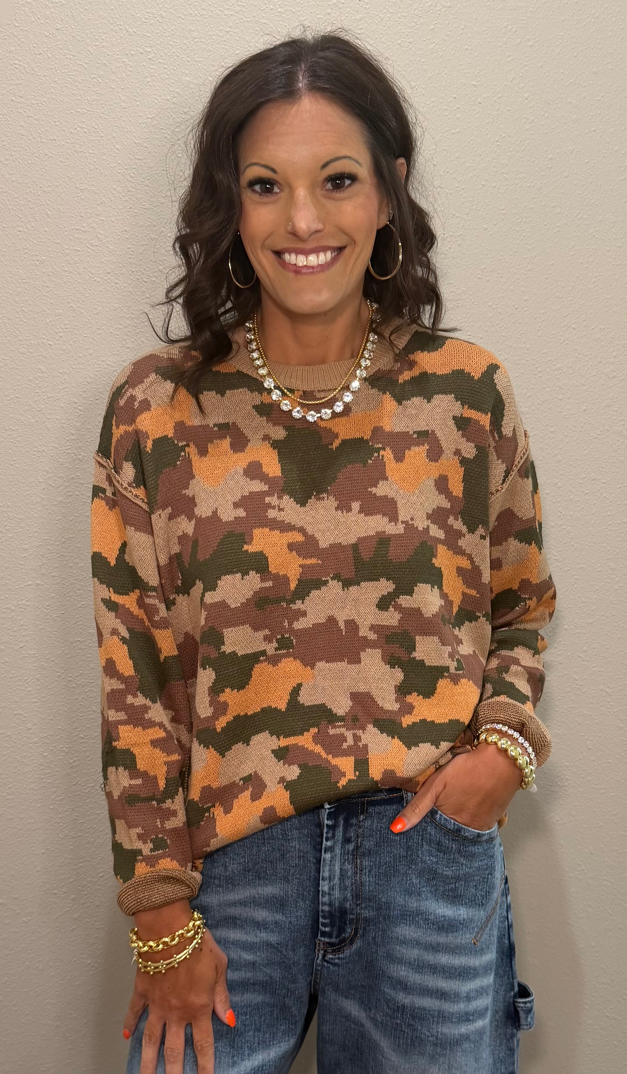 Mocha Camo Long Sleeve Lightweight Knit Top