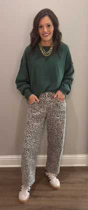 Dark Green Mineral Wash Oversized Raw Edge Crew Neck Top