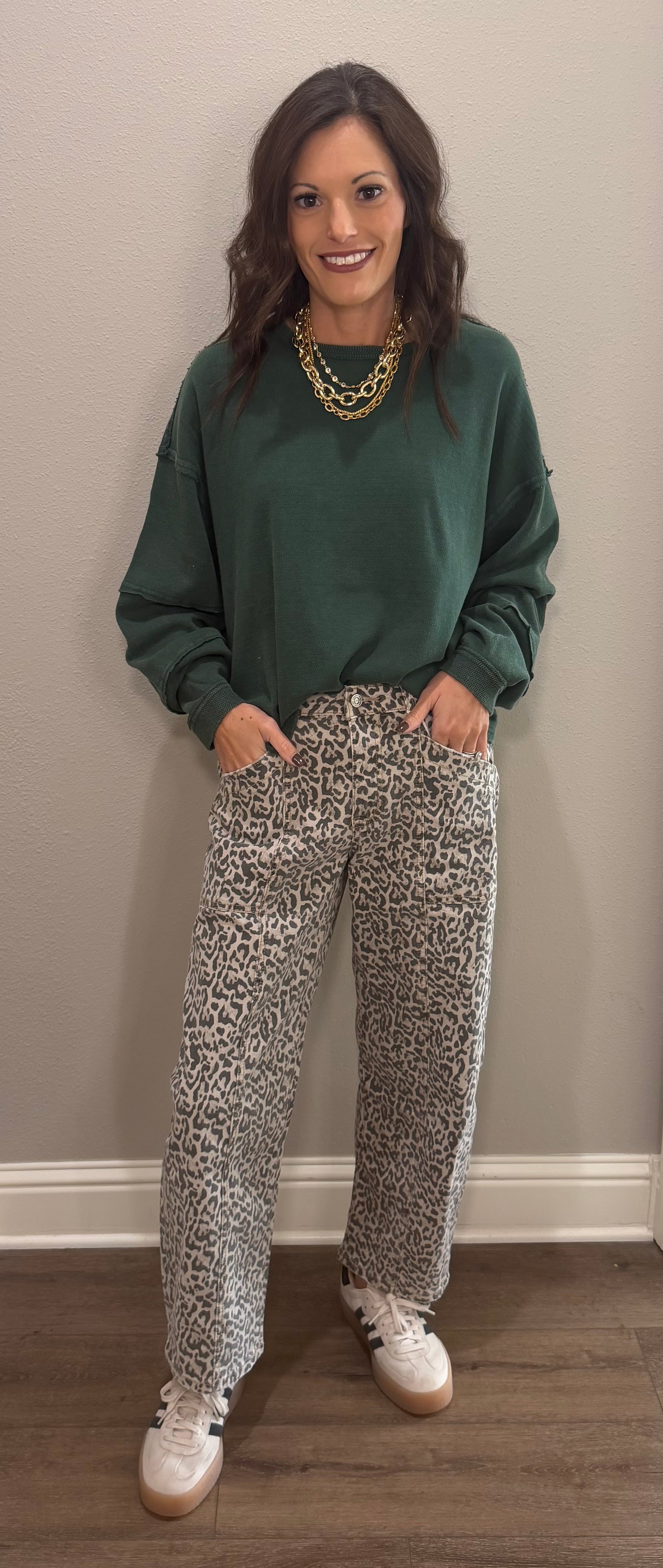 Dark Green Mineral Wash Oversized Raw Edge Crew Neck Top