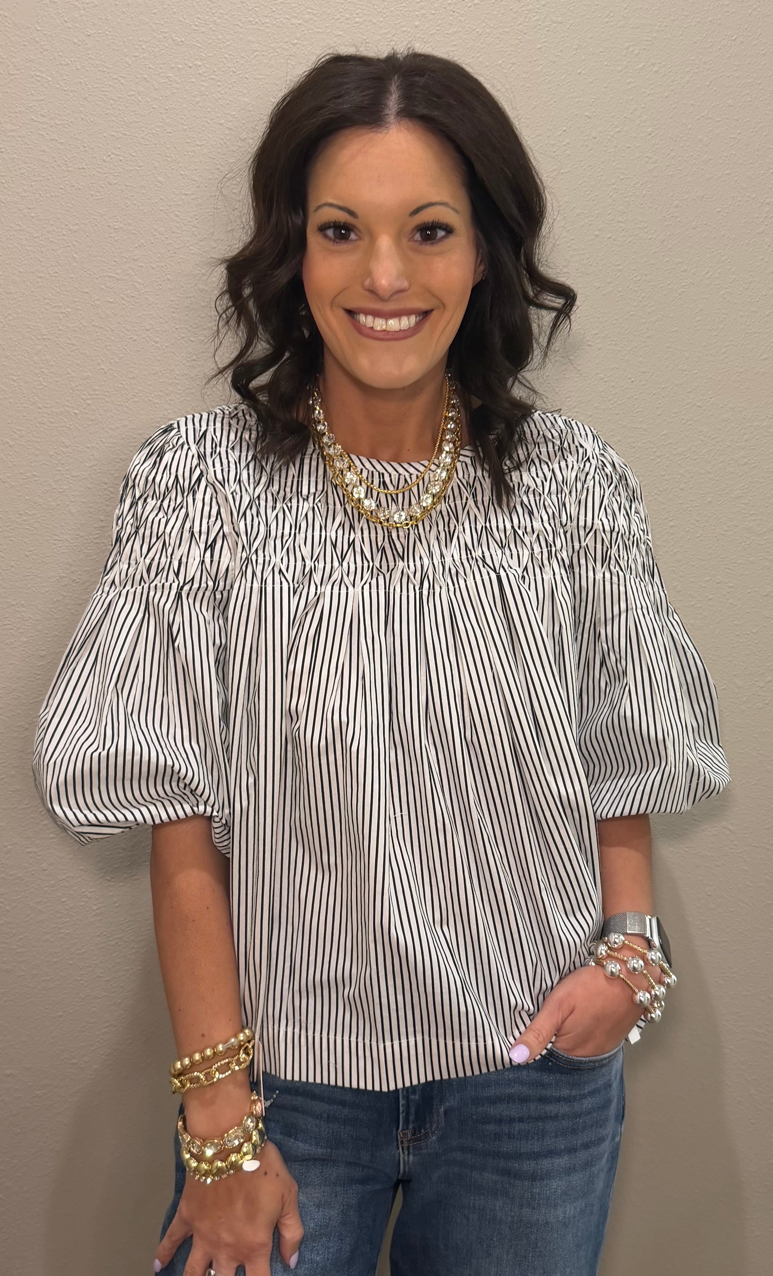 Black Striped Bubble Sleeve Top
