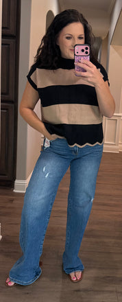 Black/Taupe Stripe Oversized Sweater Vest Top w/ Scalloped Hem