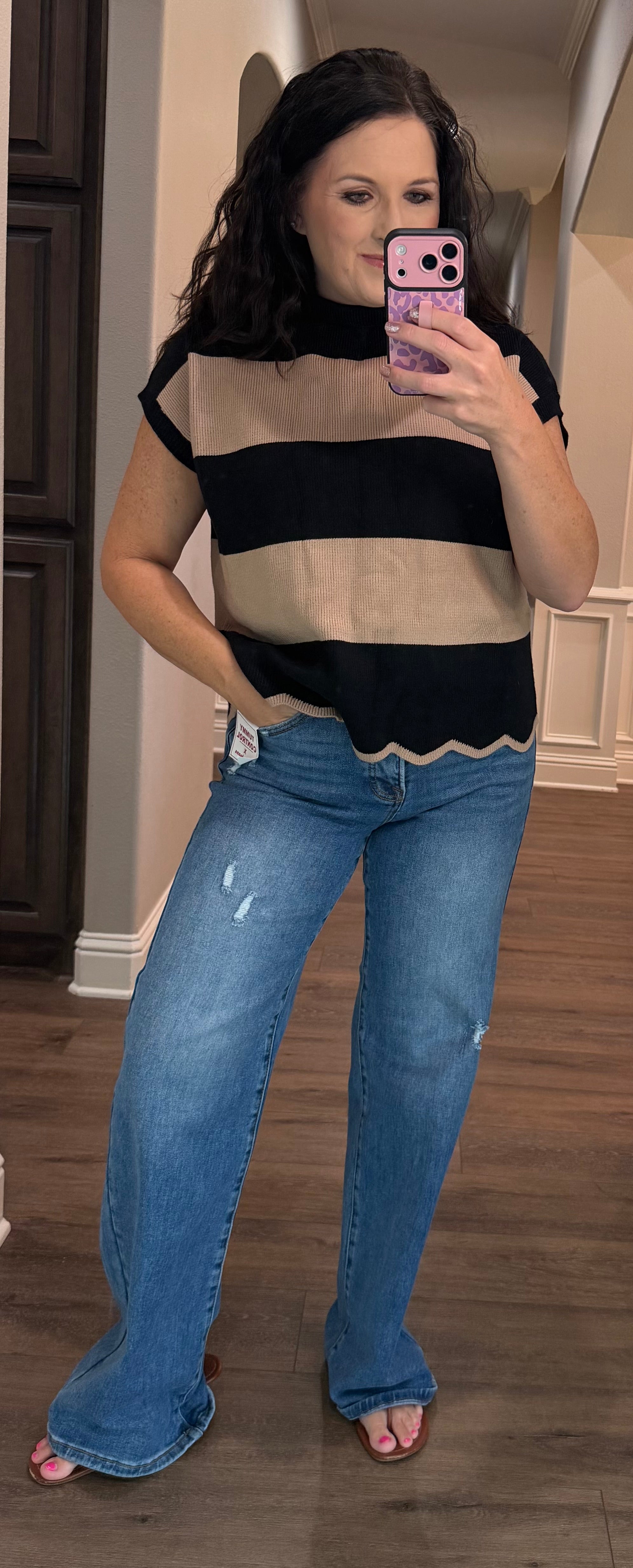 Black/Taupe Stripe Oversized Sweater Vest Top w/ Scalloped Hem