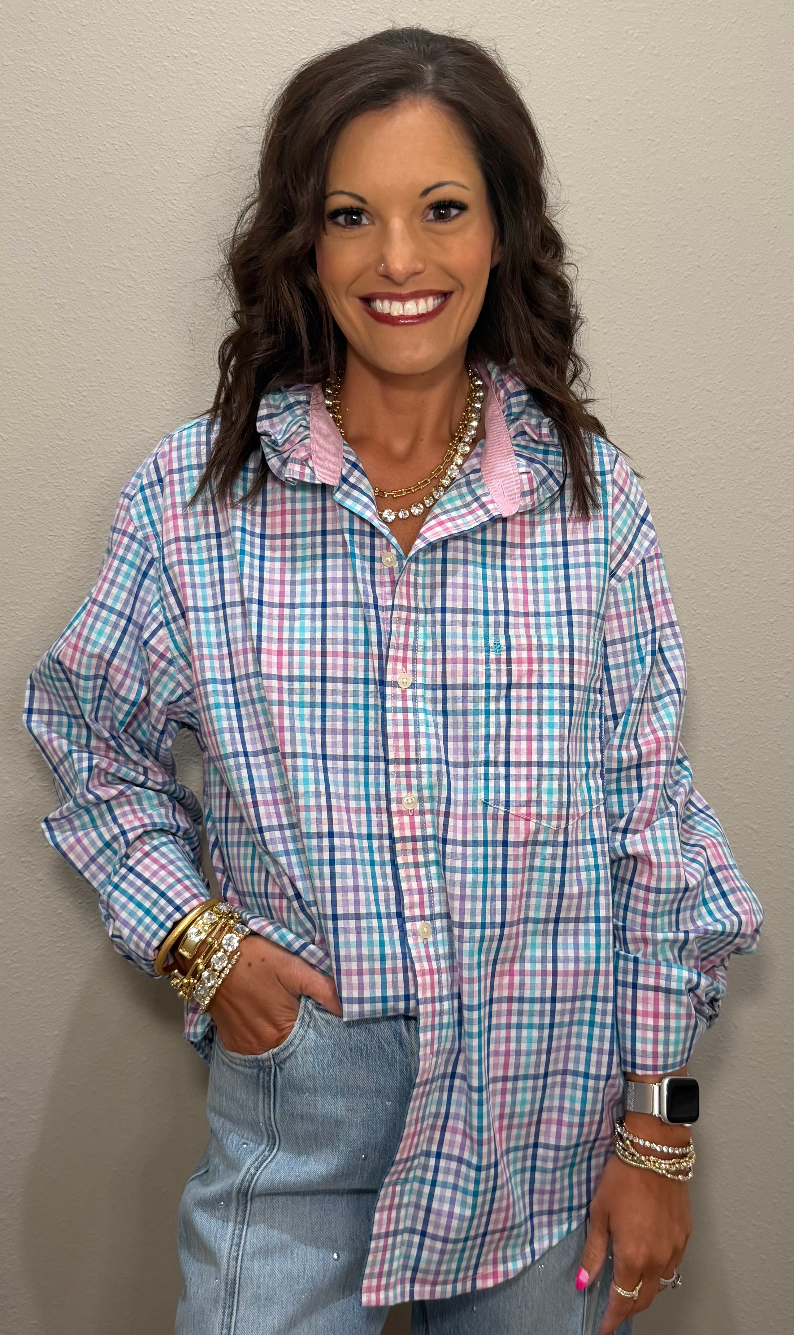 Pink/Purple/Turq Plaid Ruffle Collar Button Down