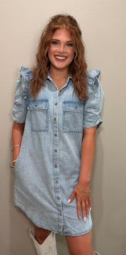 Ruffle Shoulder Detailed Chambray Button Down Dress