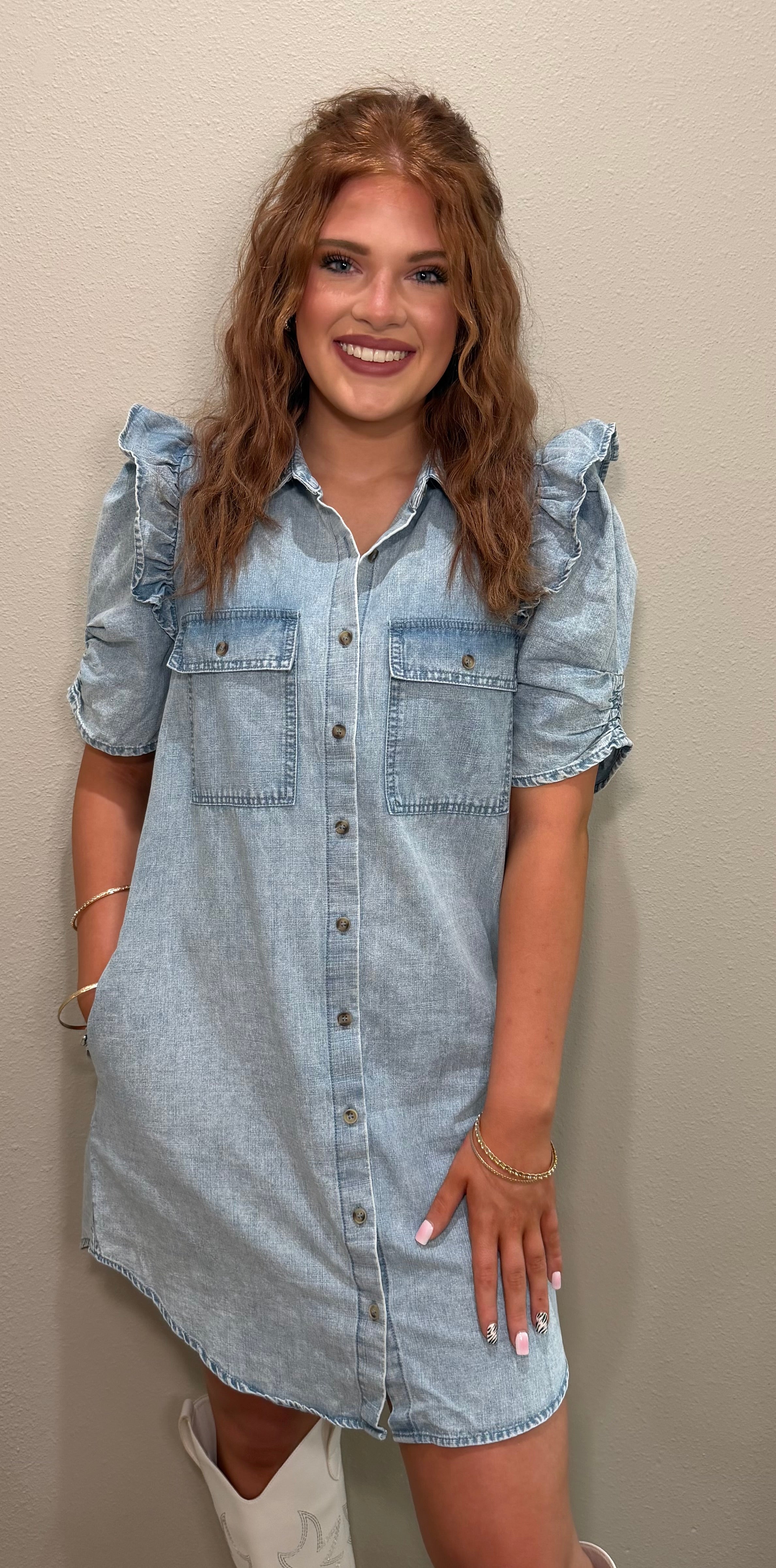 Ruffle Shoulder Detailed Chambray Button Down Dress