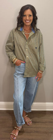Yellow & Navy Plaid Ruffle Collar Button Down Top