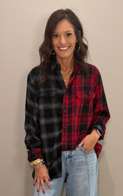 Red & Black Mixed Plaid Button Down Top