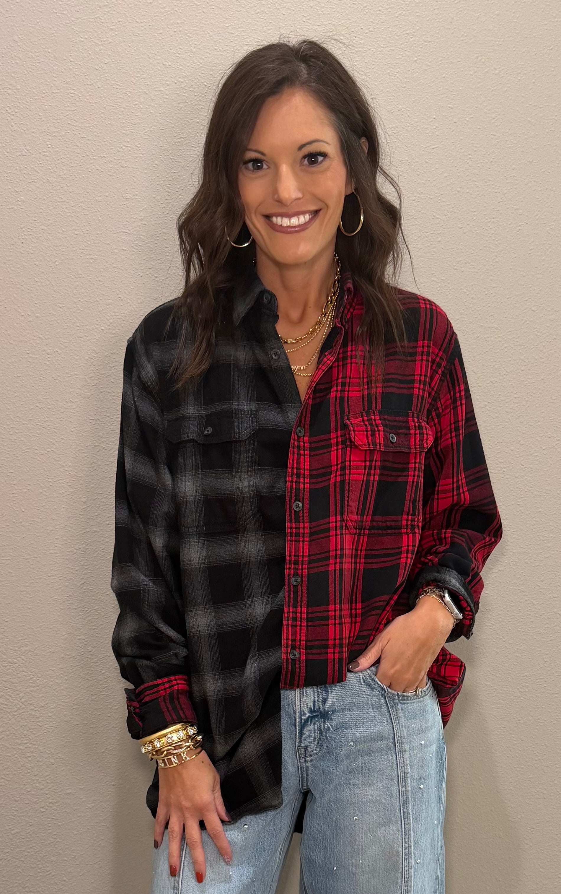 Red & Black Mixed Plaid Button Down Top