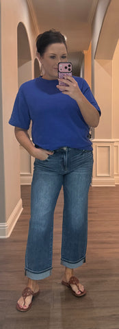 Basic Crew Neck Knit Short Sleeve Top - 2 COLORS - Red & Blue