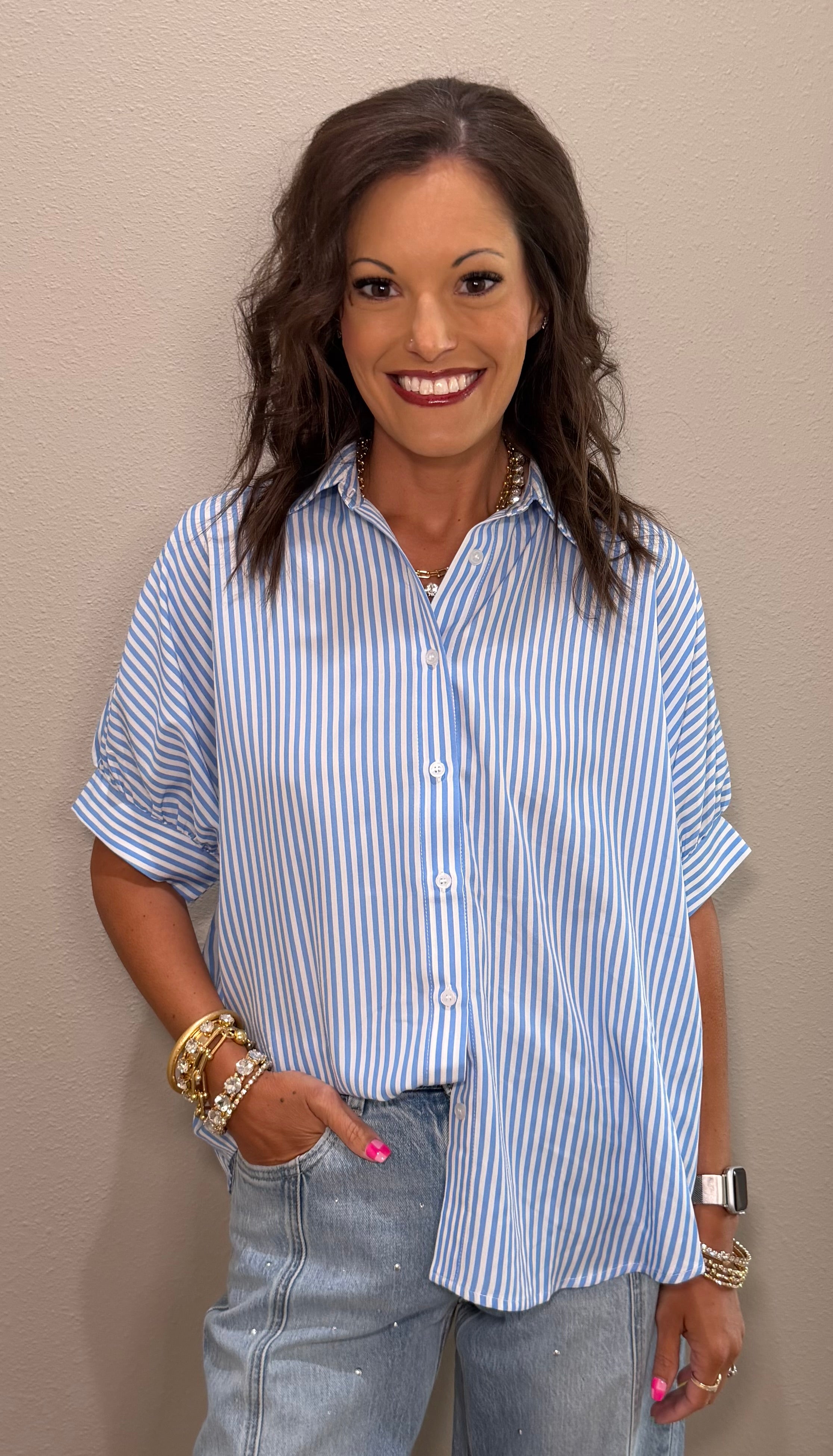 Blue & White Oversized Short Sleeve Button Down Shirt