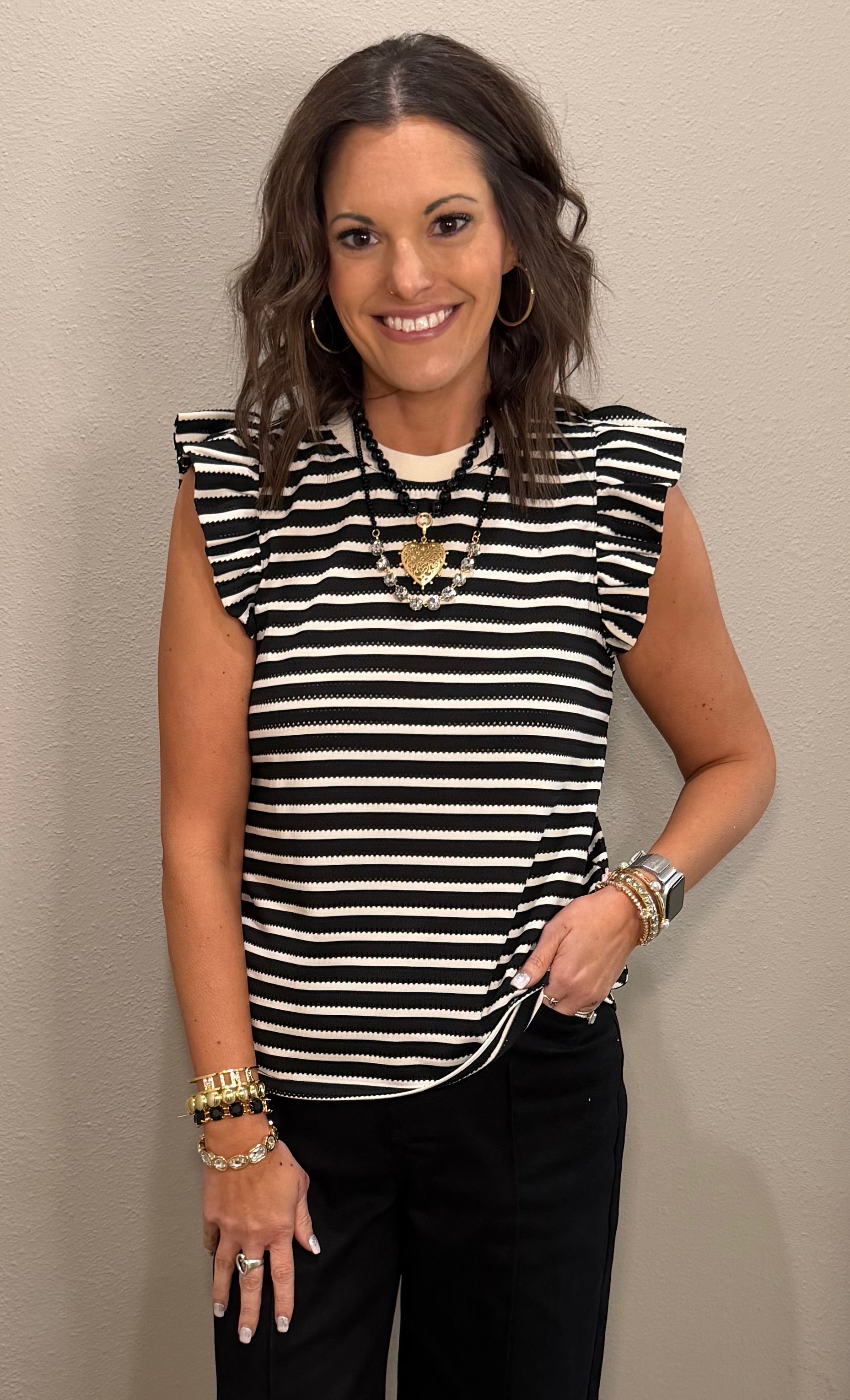 Black & White Striped Ruffle Sleeve Tank