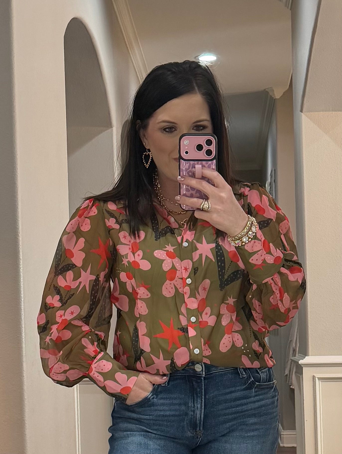 Dot Flower Puff Sleeve Floral Blouse