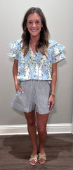 Blue Multi Floral Top w/ Flutter Sleeve