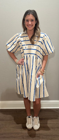 Blue & White Striped Puff Sleeve Dress