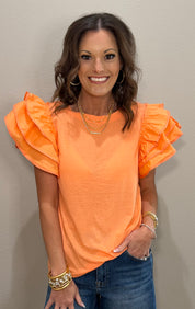 Apricot Knit Top w/ Ruffle Tiered Sleeves
