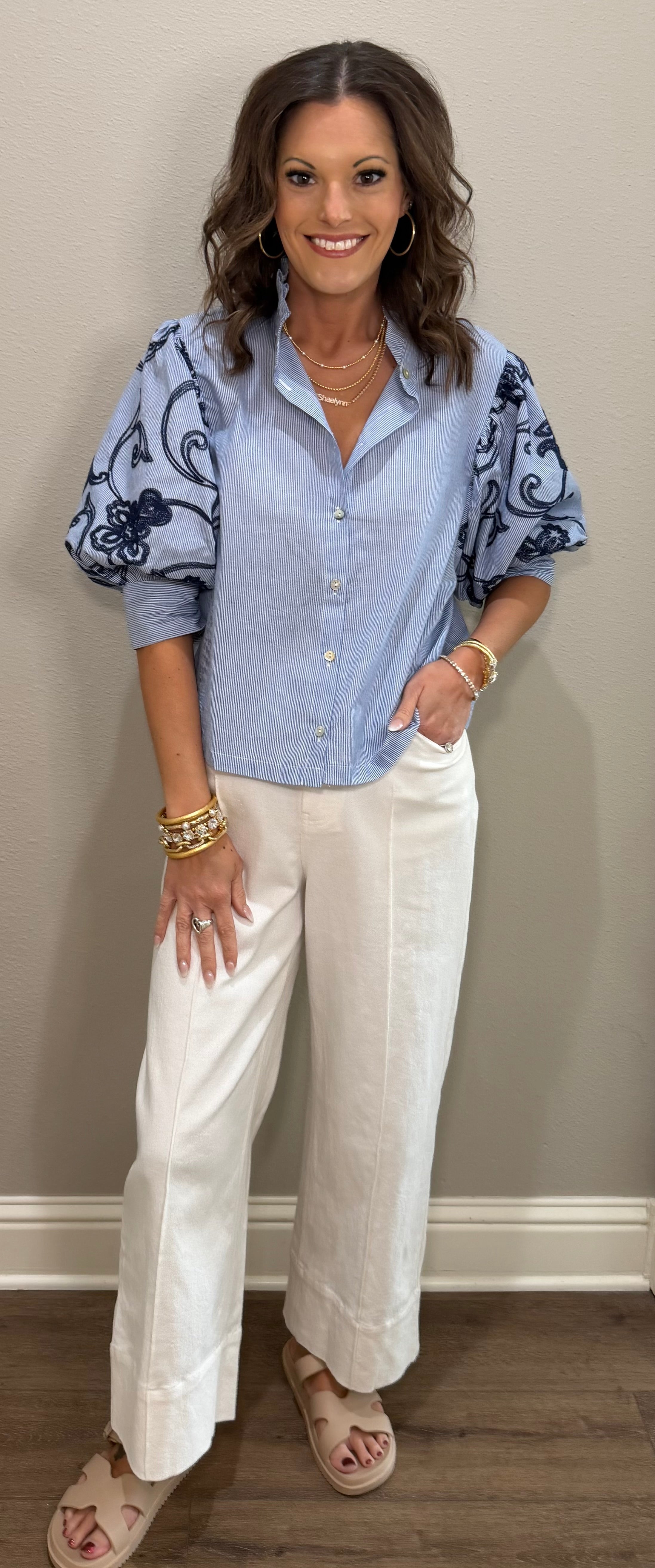 Navy Stripe Button Down Top w/ Embroidered Puff Sleeve Details