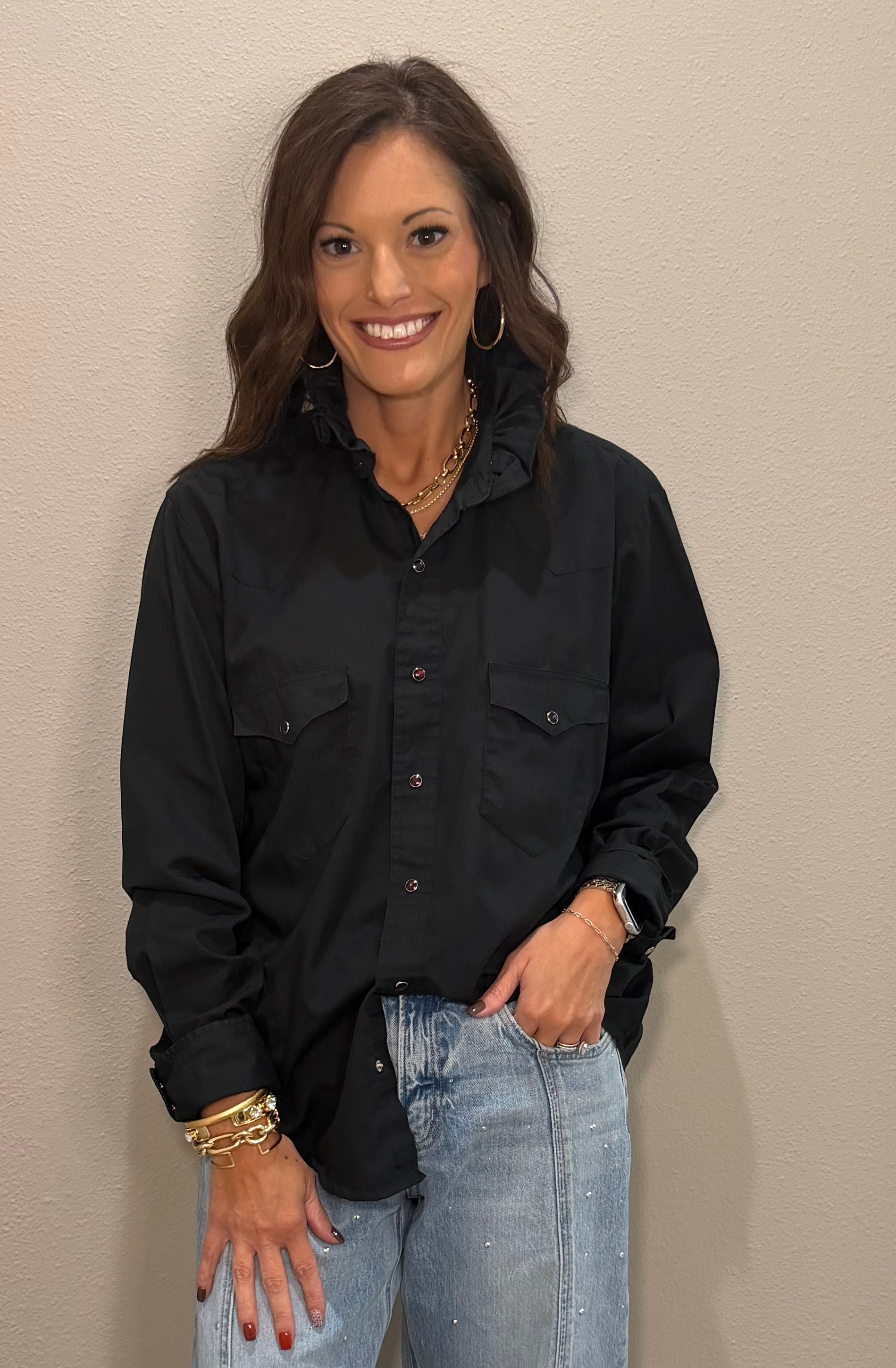 Black Ruffle Collar Button Down w/ PEARL SNAPS